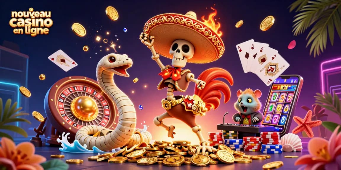 Découvrez le nouveau casino en ligne avec une illustration festive et dynamique de personnages amusants dans un cadre de jeu animé.