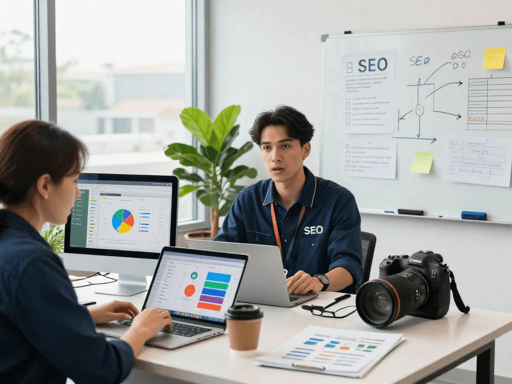 Operators strategizing Google Maps SEO services in a dynamic workspace.