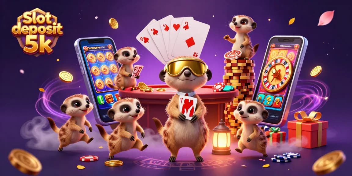 Slot deposit 5k dengan koloni meerkat menjalankan kasino, chip berserakan dan permainan menarik.