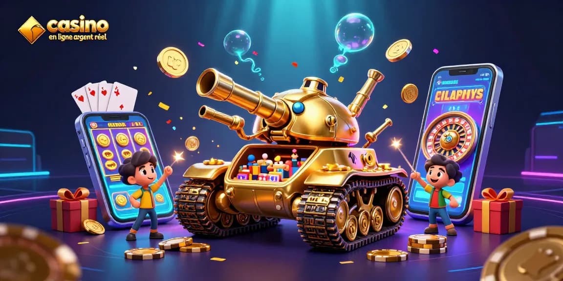 Jouez dans un casino en ligne argent réel, avec des jeux de machine à sous et de roulette dans une scène animée.