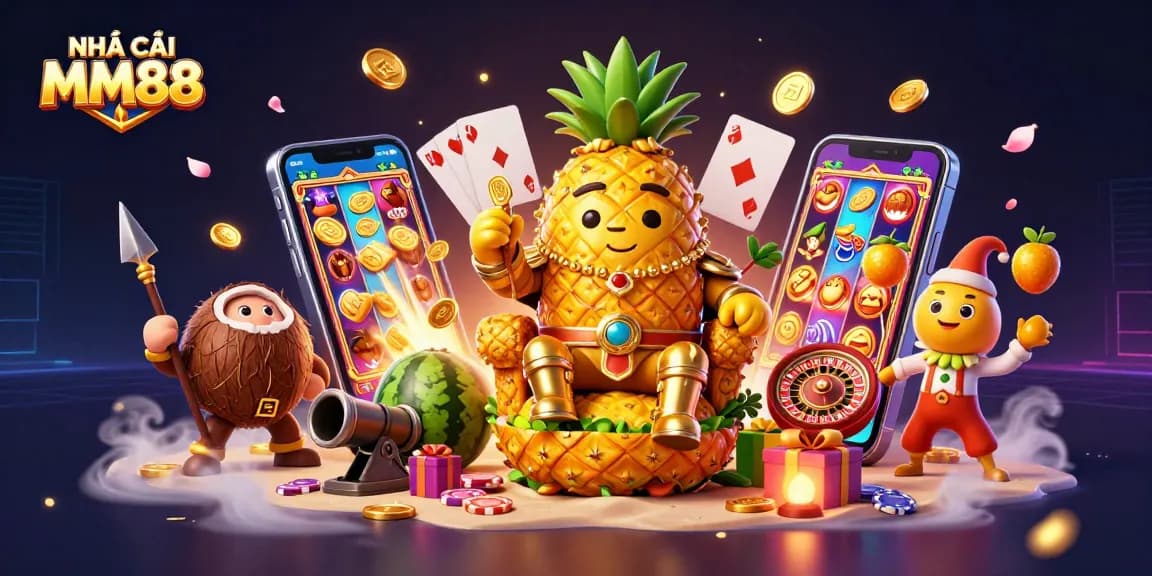 Engage with NHÀ CÁI MM88's vibrant casino scene featuring a golden pineapple king and various gaming elements.