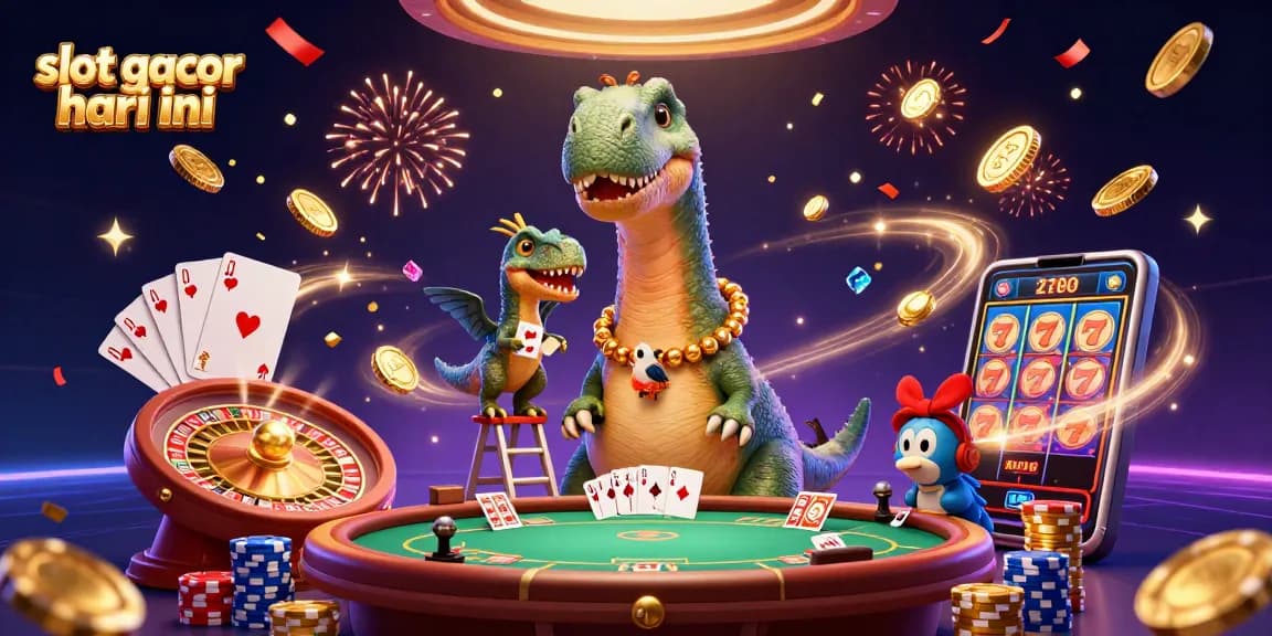Experience slot gacor hari ini with a thrilling 3D illustration featuring a giant dinosaur and energetic card games.