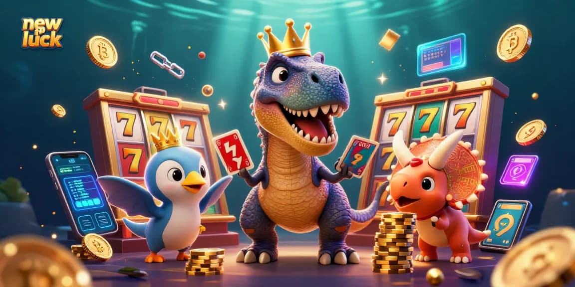 Experience thrilling action with new pk luck as playful characters engage in casino activities, including slot reels and crypto elements.