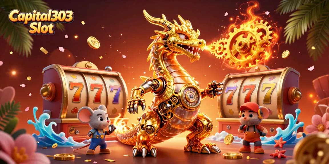 Engage with Capital303 Slot, featuring a dynamic 3D golden dragon and thrilling slot elements.