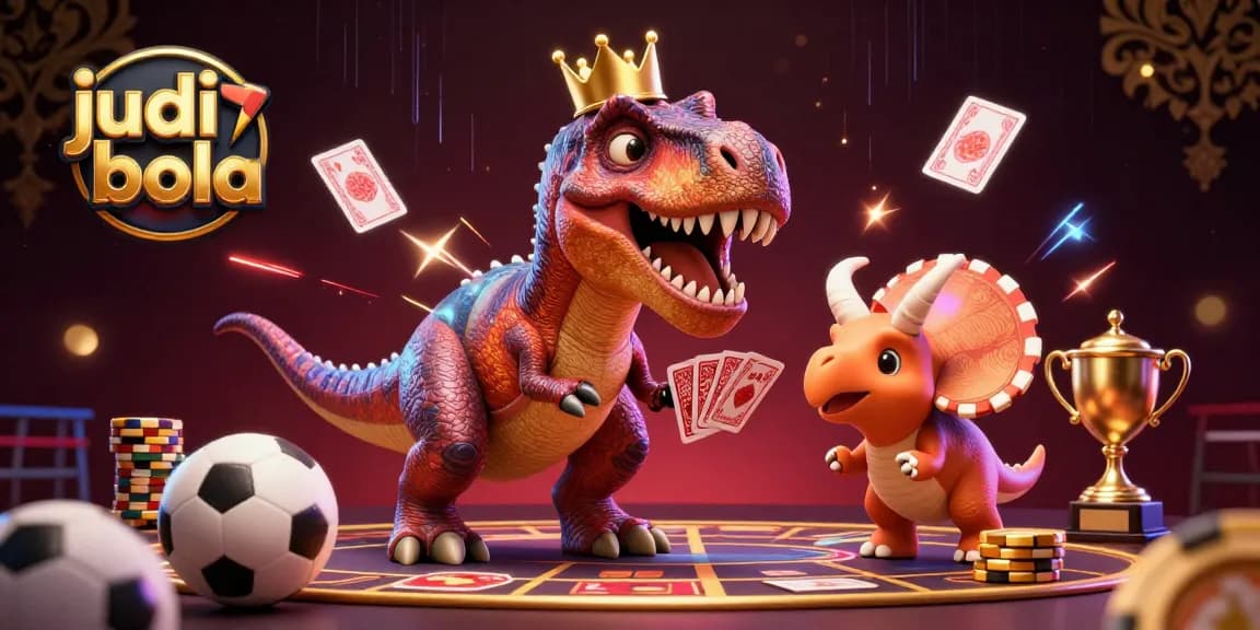Engage in judi bola with vibrant sports elements and playful dinosaur characters in a lively casino scene
