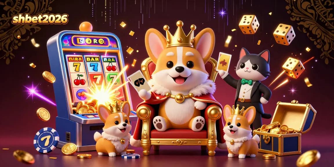 Experience thrilling wins at shbet2026 with a lively royal corgi in a vibrant casino scene.