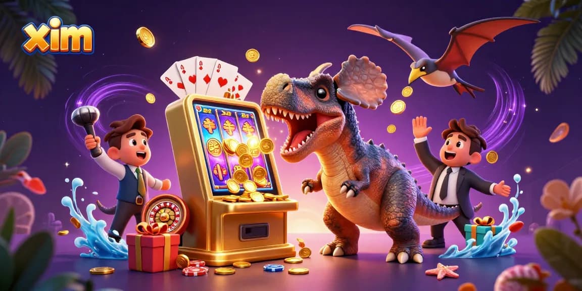 Catch golden coins with xim while pachycephalosaurus plays slot machine in a vibrant casino scene.