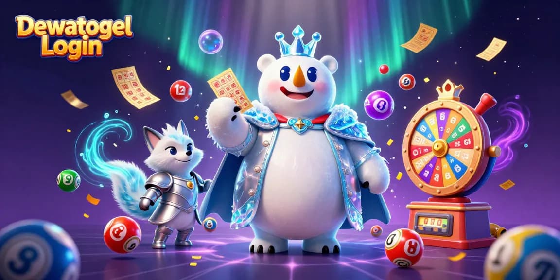 Dewatogel Login offers a vibrant scene with a polar bear and fox celebrating lottery wins with colorful elements.