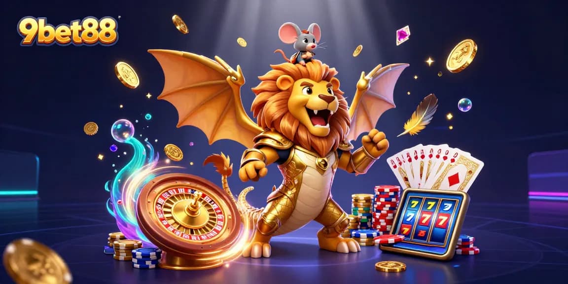 Engage in 9bet88 with a vibrant casino scene featuring a roaring chimera, golden coins, and dynamic game elements.