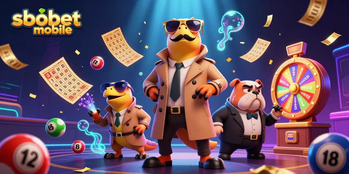 Engage with sbobet mobile betting through an animated scene of raptors and a bulldog in a casino.