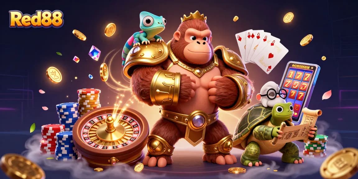 Experience the thrilling gaming realm of Red88 with vibrant characters and dynamic casino elements.