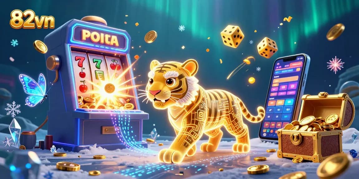 Experience thrilling gameplay at 82vn with a dynamic casino scene featuring golden tiger and jackpot elements.