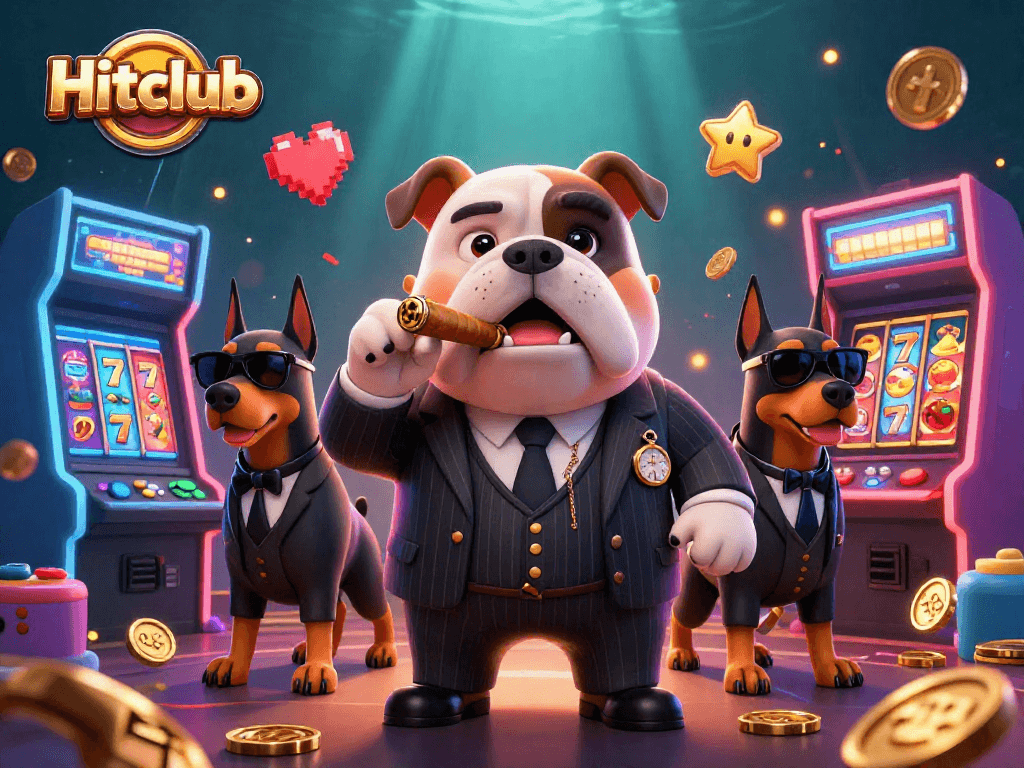 Experience the vibrant Hitclub casino scene with a mafia boss bulldog, surrounded by animated gaming elements.