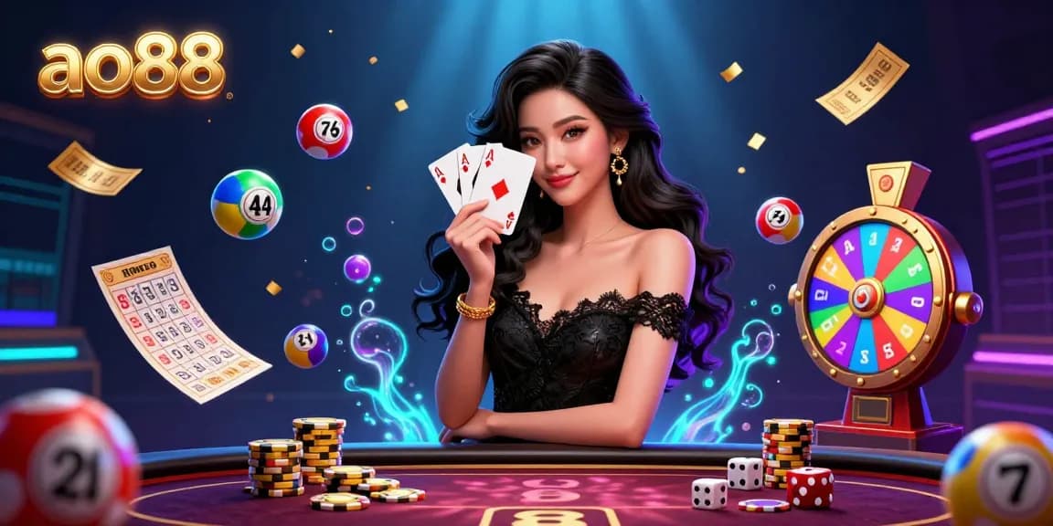 Engage with ao88's vibrant casino scene featuring a stylish Asian woman showcasing ace cards amidst dynamic gaming elements.