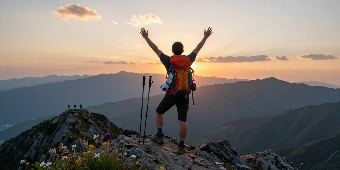 Hiker celebrating at mountain peak during sunset, representing dewanaga77 adventure and exploration.
