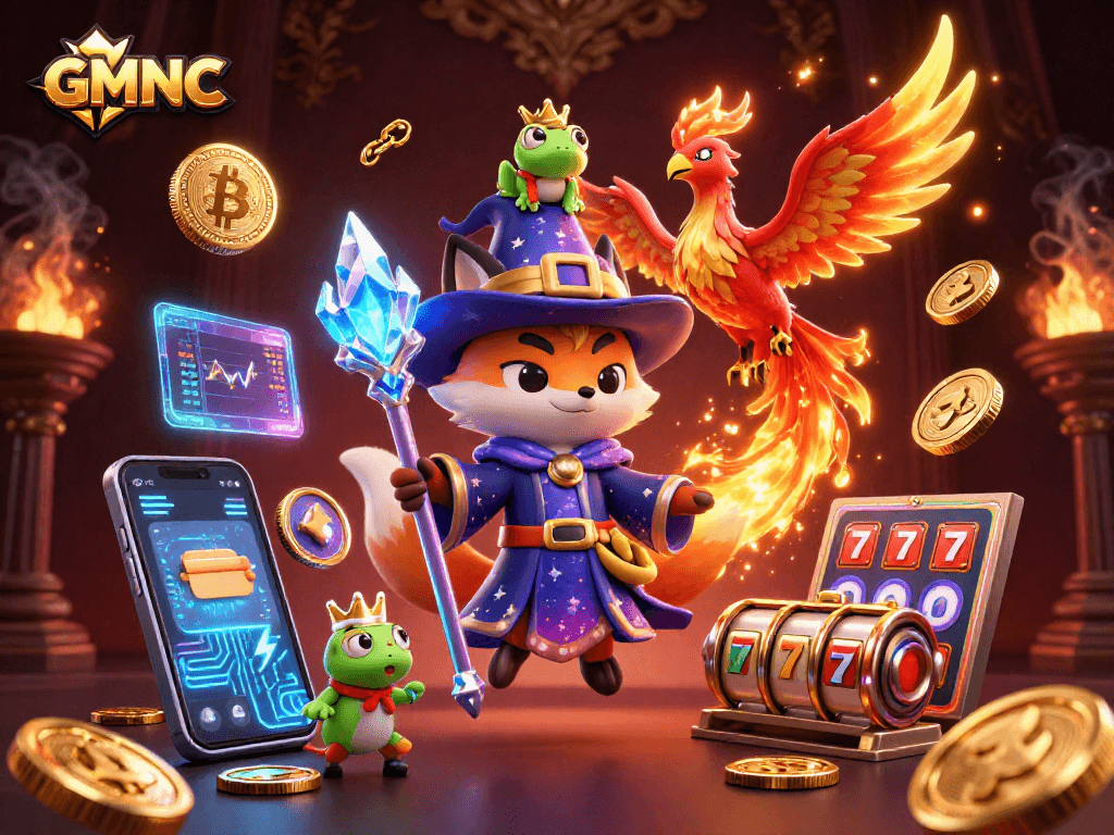 Engage with GMNC slots featuring a wizard fox and phoenix, surrounded by vibrant crypto elements.