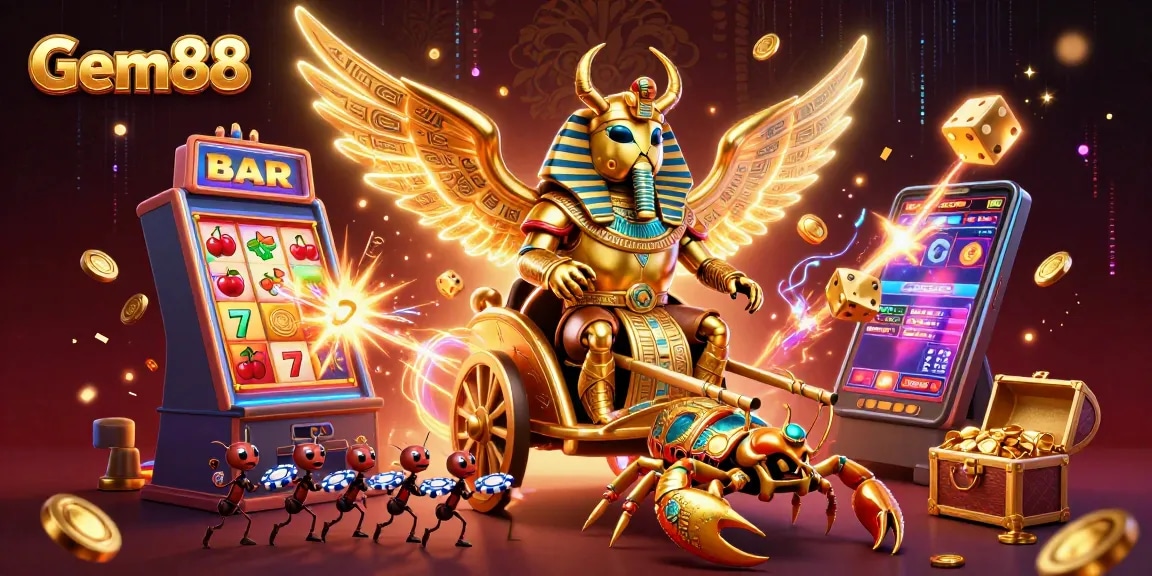Experience the thrill of Gem88 with a vibrant scene featuring a chariot driven by a golden scarab beetle amidst dazzling casino elements.