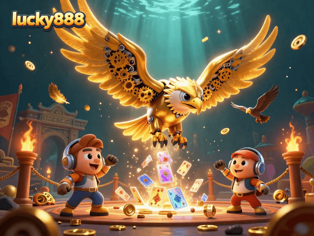 Experience thrilling action with lucky888 as a golden eagle navigates a dynamic 3D casino scene.