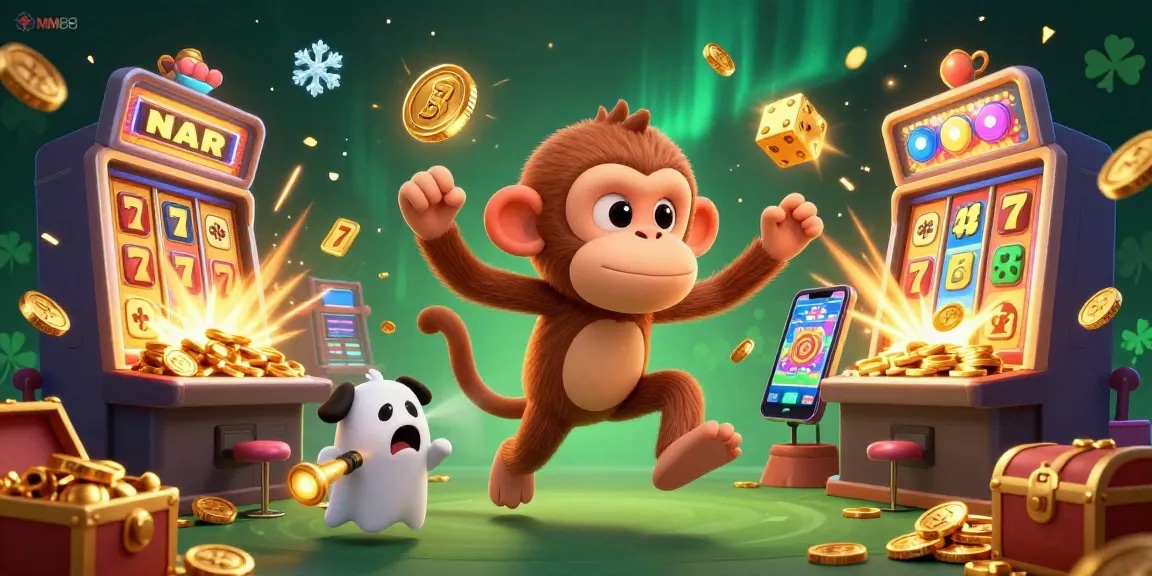 Engage in thrilling gameplay at MM88 with a playful ghost and puppy in a colorful casino.