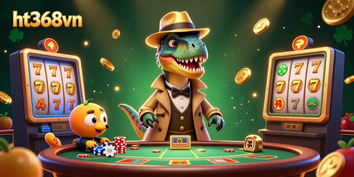 Experience the excitement of ht368vn with a vibrant illustration of a velociraptor card counter, dynamic slot elements, and immersive casino atmosphere.