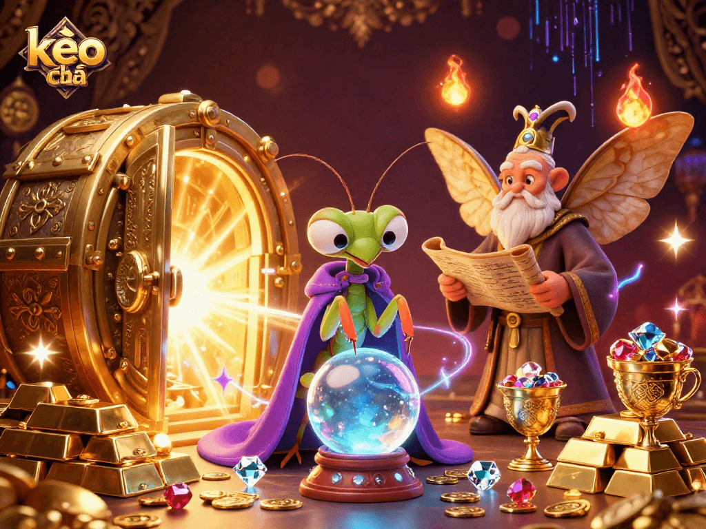 Engage with kèo nhà cái's vibrant casino world featuring a fortune teller, gold treasures, and mystical oracles.
