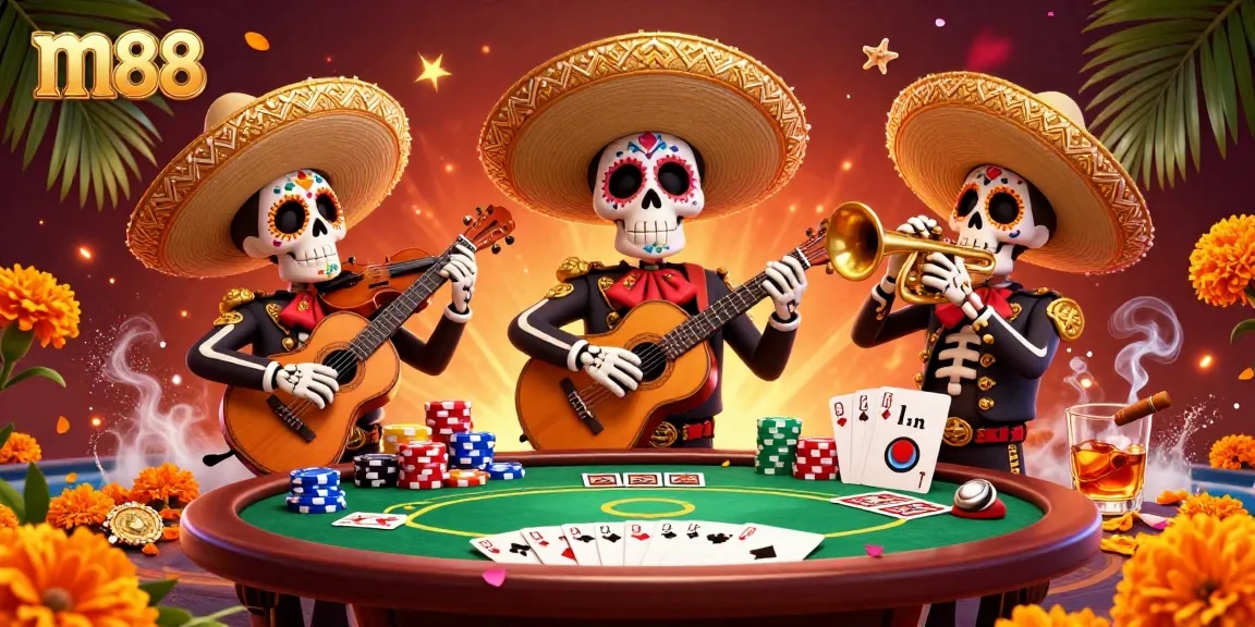 Engage with m88's vibrant casino scene as skeleton mariachi musicians play amid colorful poker elements.