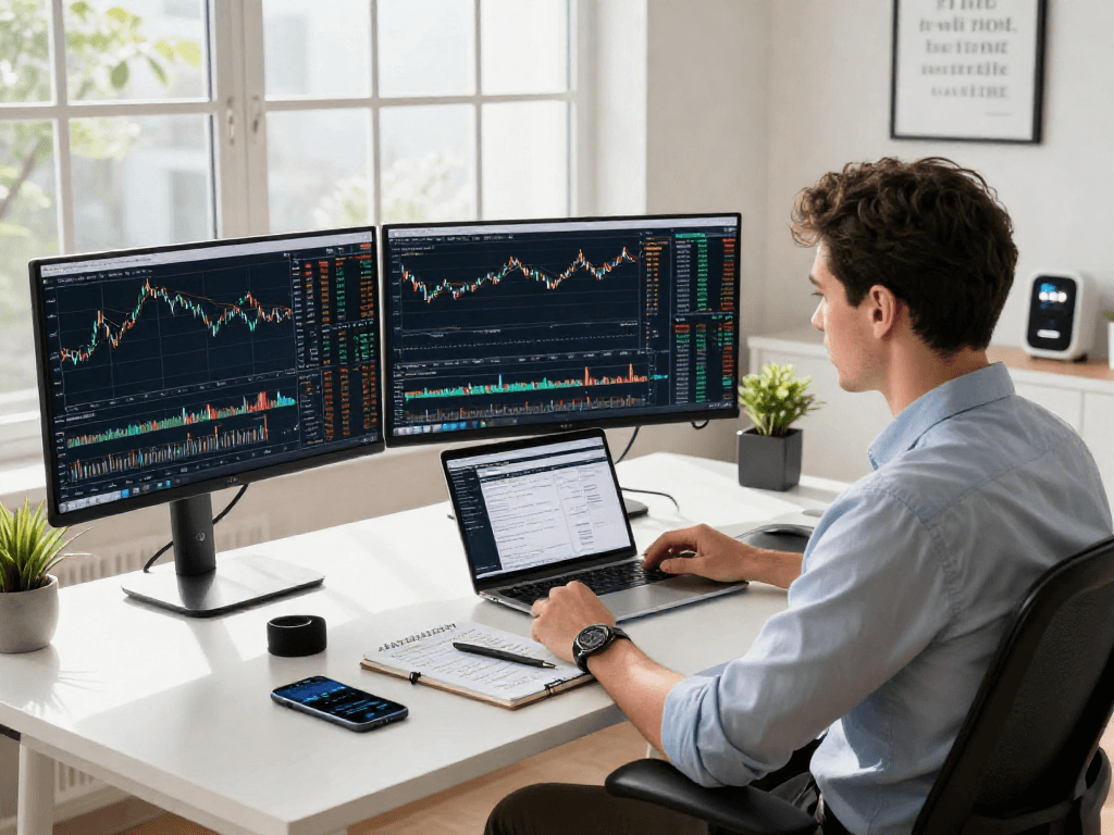 TradingView charts displayed on multiple monitors in a modern trading workspace.