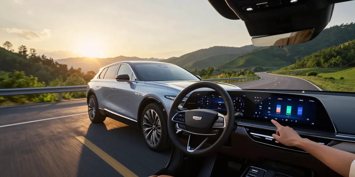 Cadillac Lyriq in scenic landscape demonstrating do the driving modes in cadillac lyriq offer different ranges or battery usages? with sleek design and advanced settings.