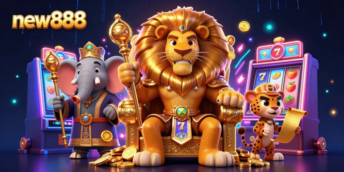 Spin the reels at new888's vibrant casino scene featuring a lion king and slot machines.