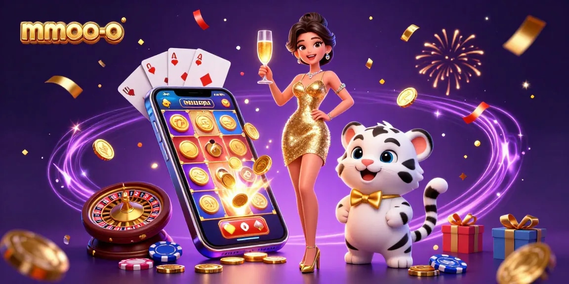Play exciting games at mmoo-o with a glamorous woman and lucky tiger, winning golden coins.
