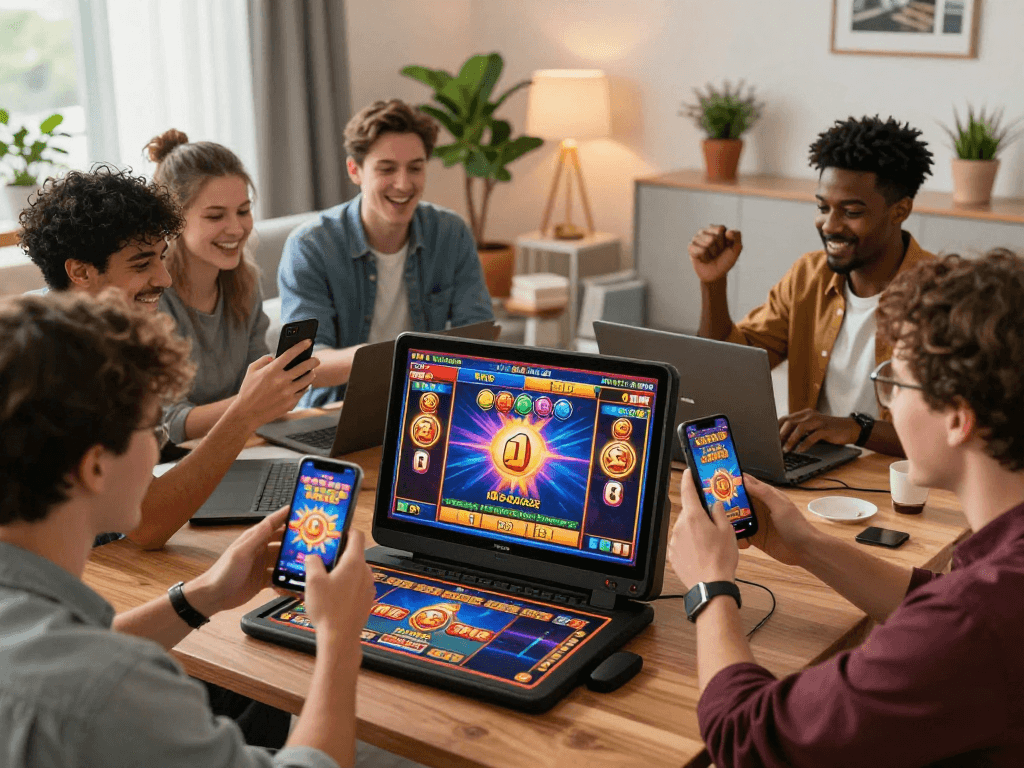 Players enjoying a gacor slot game at home with vibrant graphics and devices.