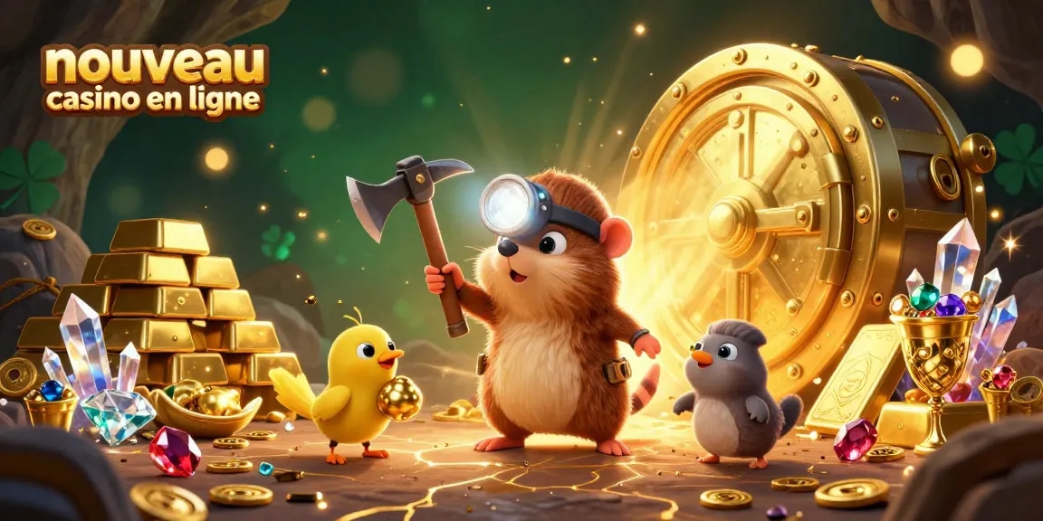 Découvrez le nouveau casino en ligne avec une image dynamique de personnages animés entourés de richesses.
