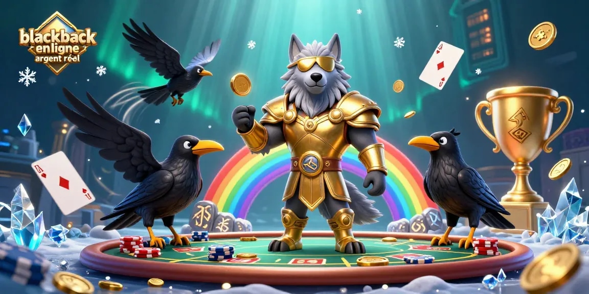 Jouez au blackjack en ligne argent réel avec des cartes et des jetons dans cette scène dynamique de casino.
