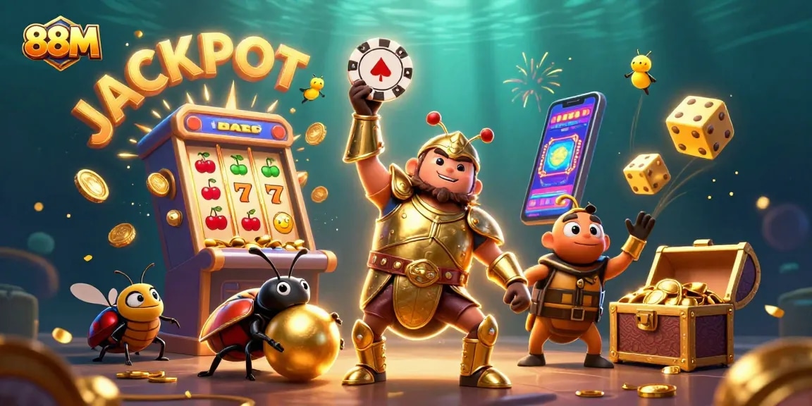 88M showcases a victorious beetle lifting a poker chip among vibrant casino elements including a slot machine bursting with coins.