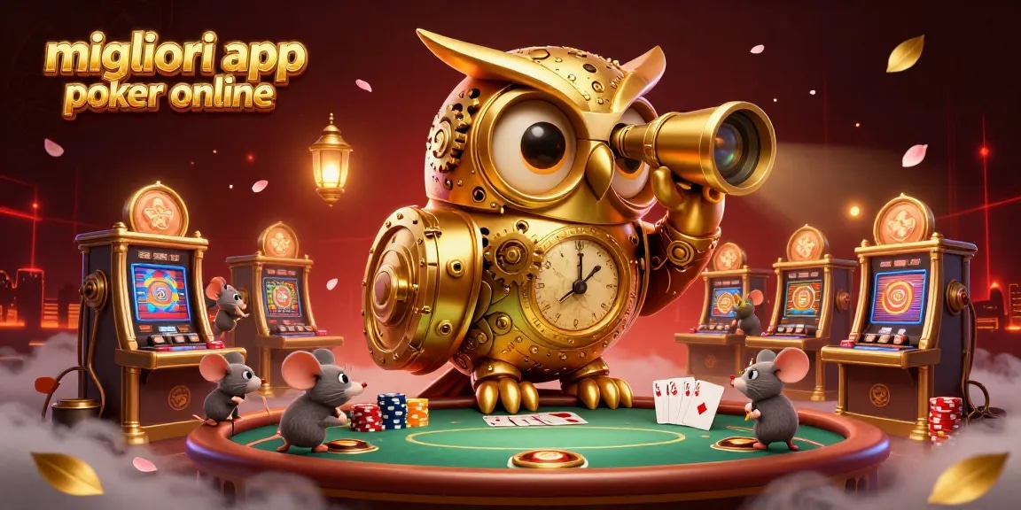Migliori app poker online con un gufo meccanico e topolini al tavolo da poker sullo sfondo colorato.