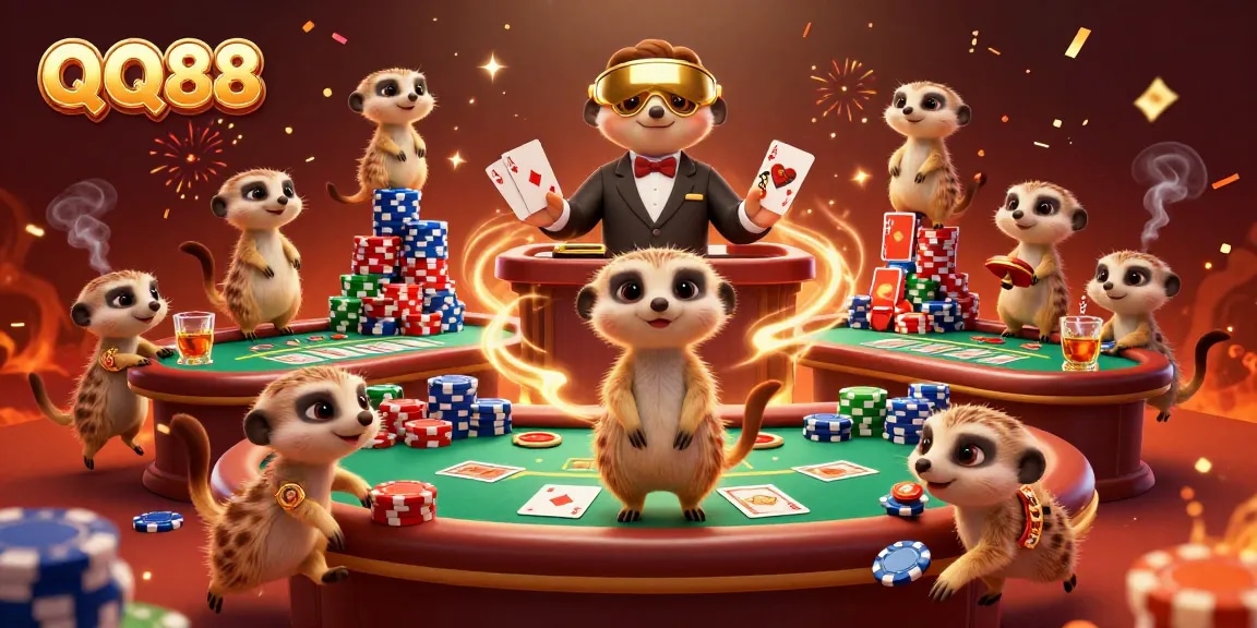 Experience QQ88's exciting casino atmosphere with colorful poker chips and meerkats in action.