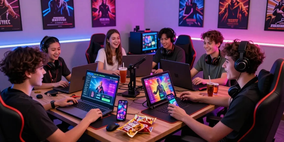 Engaged gamers playing interactive porn games on various devices, showcasing vibrant graphics and immersive atmosphere.