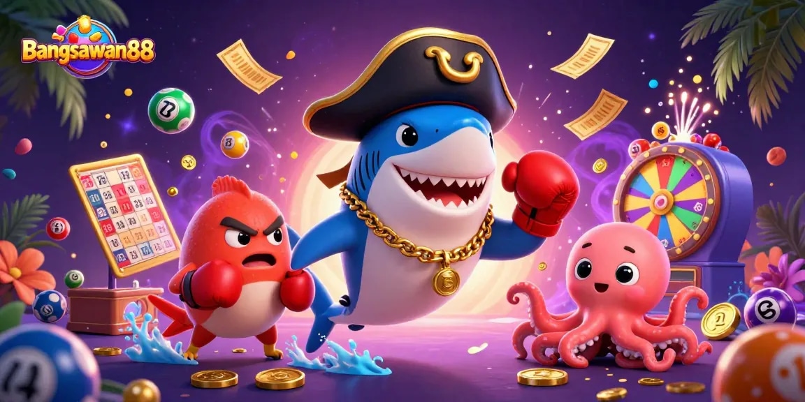 Bangsawan88 inspires excitement with dynamic lottery balls and playful sea creatures in a colorful casino scene.