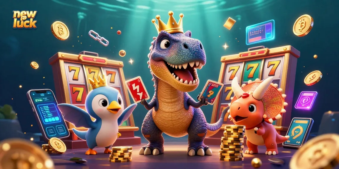 Experience thrilling action with new pk luck as playful characters engage in casino activities, including slot reels and crypto elements.