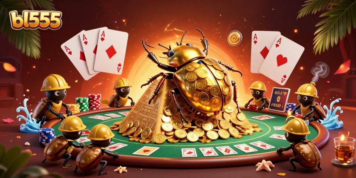 Engage with bl555 as a massive golden dung beetle rolls golden coins in a vibrant casino scene.