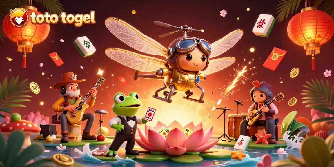 Engage with toto togel excitement while a dragonfly pilot hovers over a lily pad casino scene.