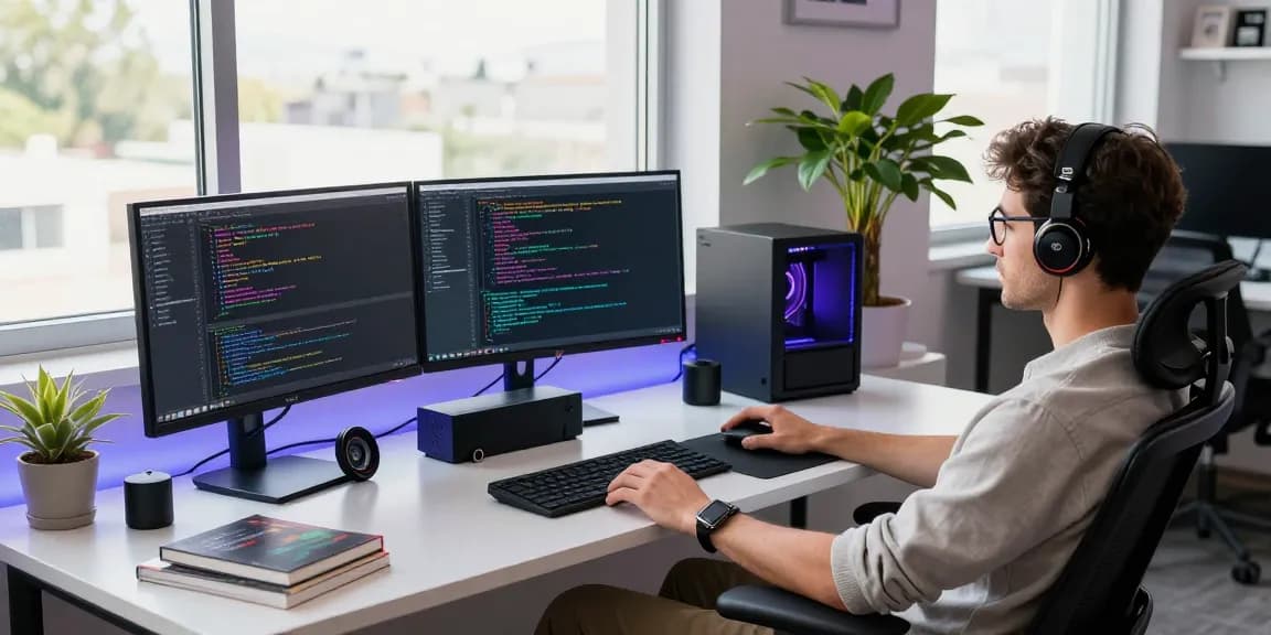 Software developer coding NAGA2000 in a modern tech workspace filled with gadgets.