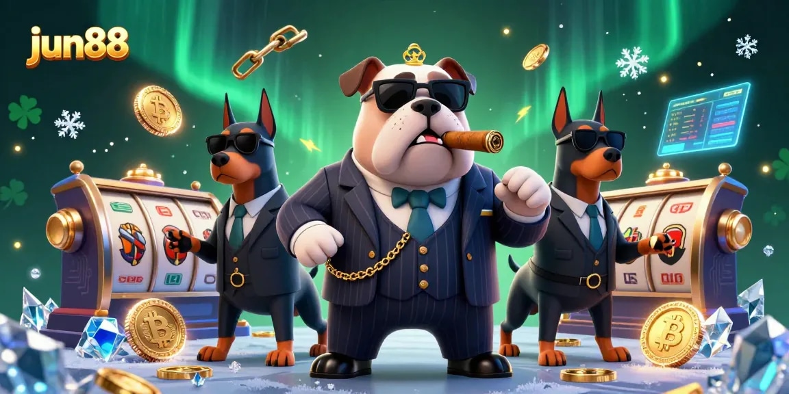 Experience the thrill of gaming with jun88's animated mafia boss and Doberman bodyguards amid colorful slot machines and crypto coins.
