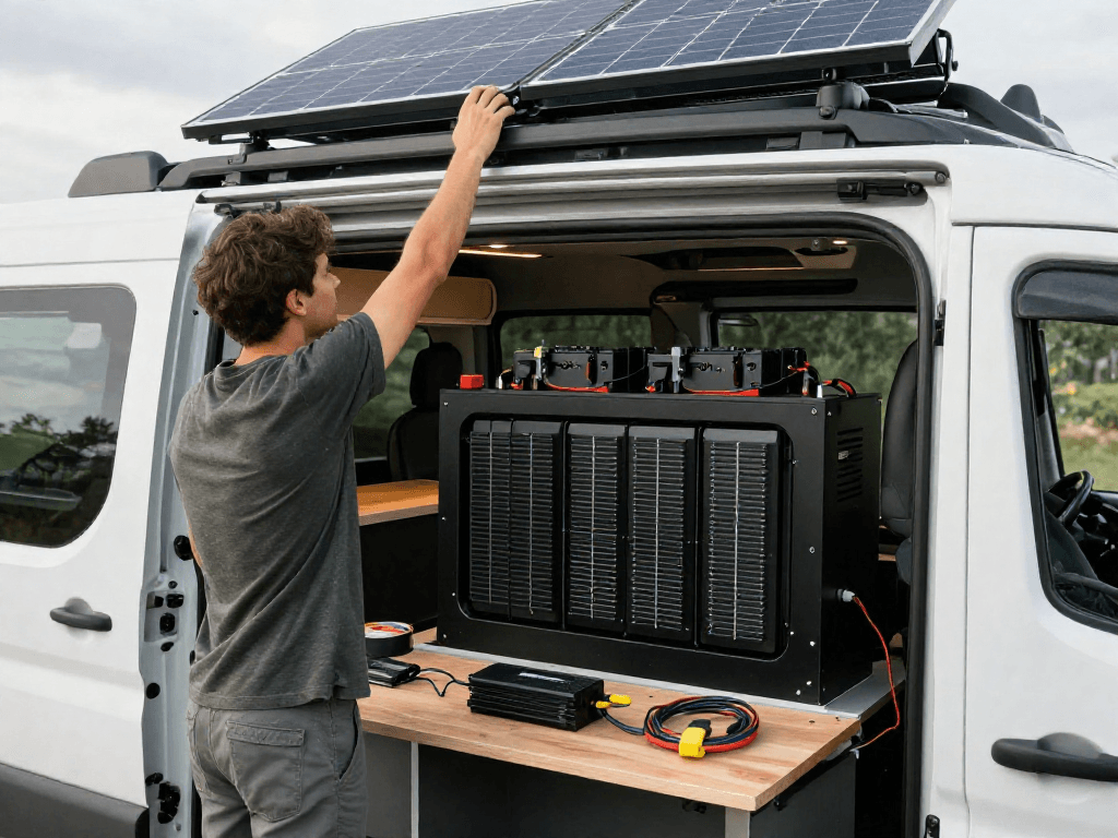 ROKOK88 van conversion with upgraded electrical systems and solar panel installation.