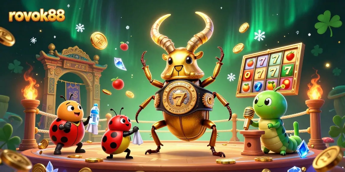 Experience the excitement of rokok88 with a vibrant illustration of a gold stag beetle engaging in a casino showdown.