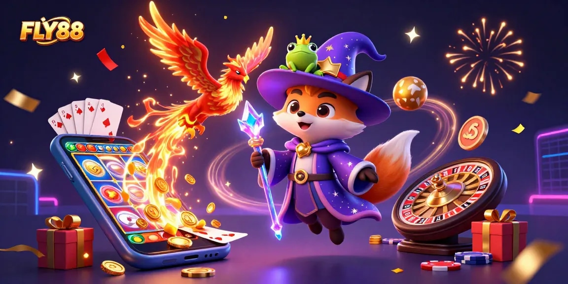 Engage with the magical realm of FLY88, where a wizard fox and phoenix ignite the online gaming experience.