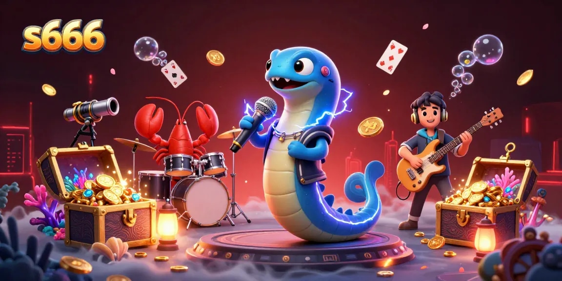 S666 electrifies the underwater casino scene with vibrant characters like an electric eel DJ and lobster drummer amid dynamic game elements.