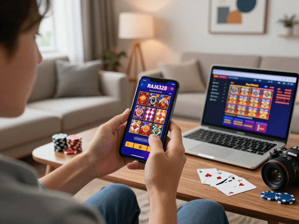Engaging with raja328 link on smartphone while exploring online gambling games in a cozy living room.