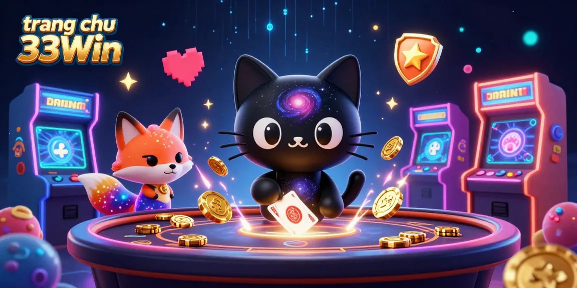 Engage with the impressive world of trang chu 33Win featuring a black hole cat and colorful gaming elements.