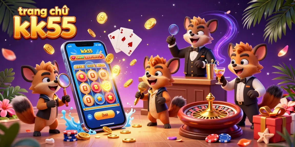 Engage with the colorful casino scene on trang chủ kk55 featuring lively hyenas amidst vibrant gaming elements.